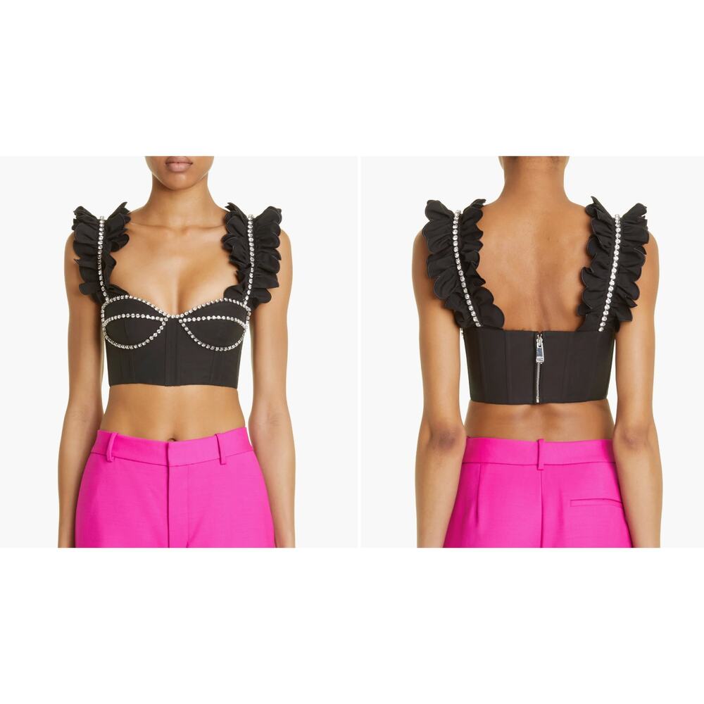AREA Crystal Embellished Ruffle Bustier Top in Black‎ Size 4 NWT